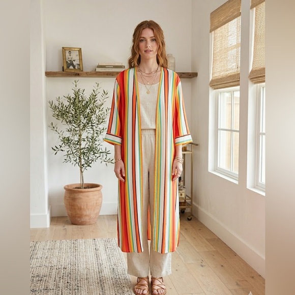 Express Other - Express Multi-Color Striped Longline Kimono Duster Cardigan Boho Chic M/L
